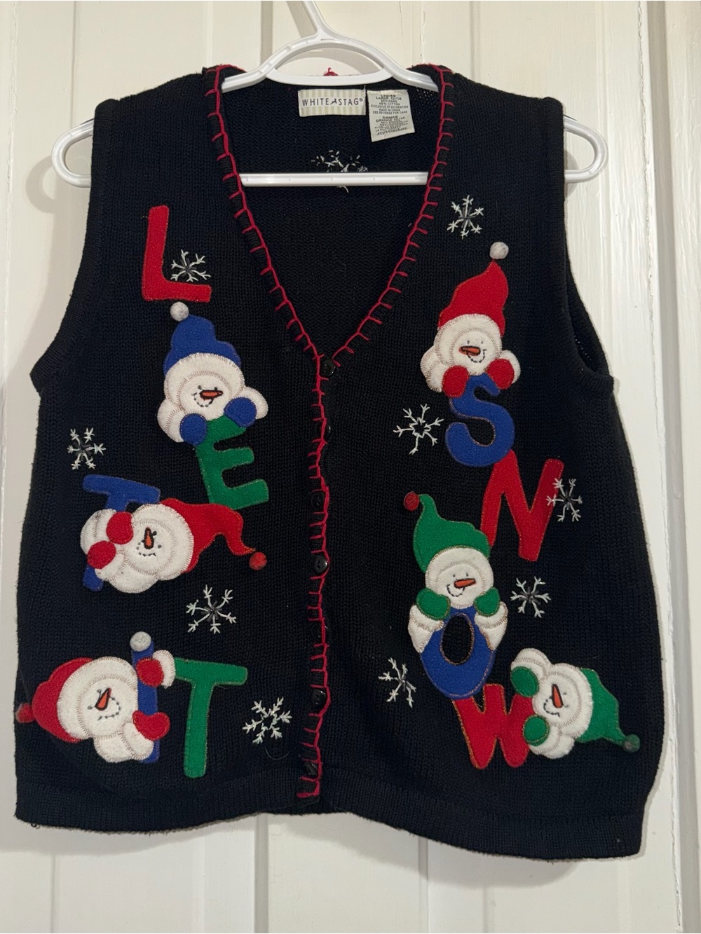 White Stag size large Christmas Black Holiday Snowman‎ Vest with Red Trim